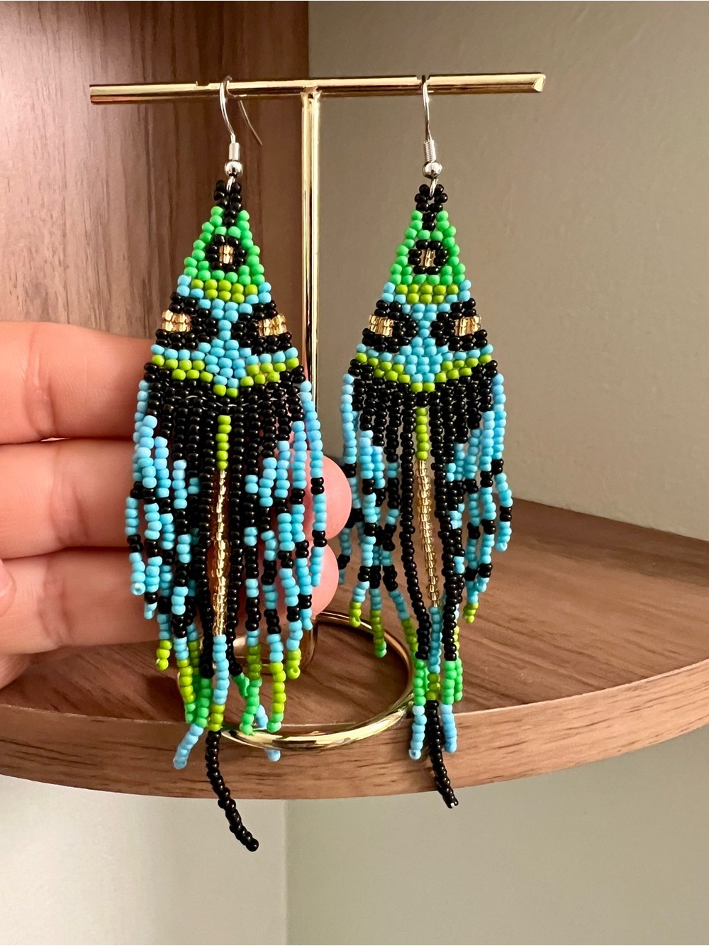 Bold Dart Frog Patterned Beaded Earrings - Turquoise, Lime & Black